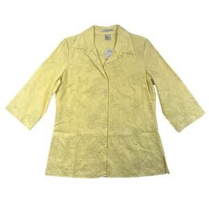 NWT Peter Martin Yellow Linen Embroidered Floral Button Front Blouse Top - L